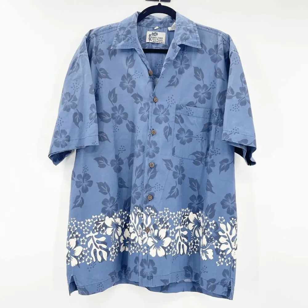 Point Zero Hawaiian Button Down Shirt Men's L Blue Floral Tropical Short Sleeve